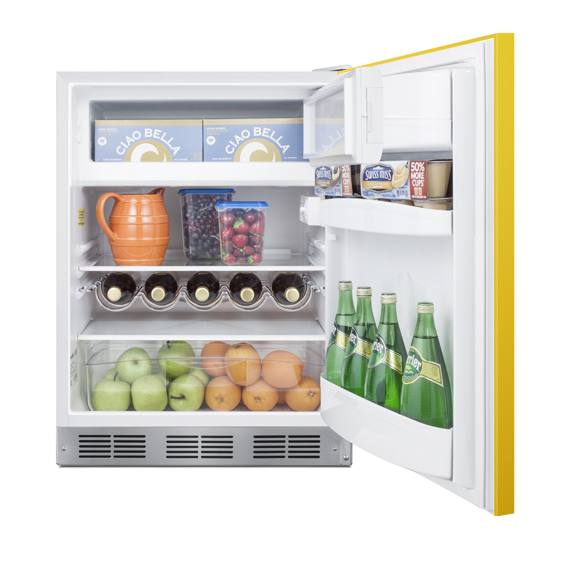 24 in. wide ADA height refrigerator-freezer for residential use with a saffron gold door, stainless steel handle, and white cabinet
